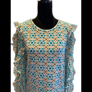 Cato Blouse Size XL Geometric Design Turquoise Ruffle Long Sleeve + Stretch